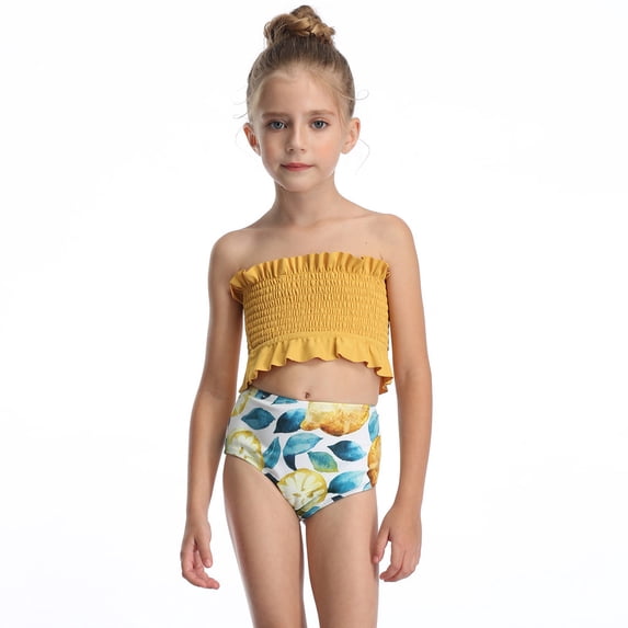WAYUTE Girls Swimsuit Stylish Printed Strapless Ruffle Comfort Soft Cute 2 Piece Tankini Set for Toddler Kids Summer Vacation