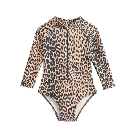 WAYUTE Girls Swimsuit Toddler Kids Leopard Printed One Piece Bathing Suit Long Sleeves Sun Protection Water Activities