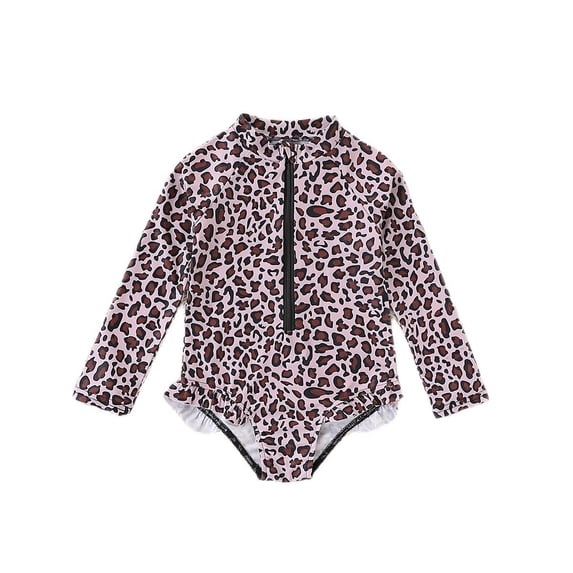 WAYUTE Girls Swimsuit with Leopard Print and Ruffle Hem Side Front Zipper Design One Piece Bathing Suit Water Activities