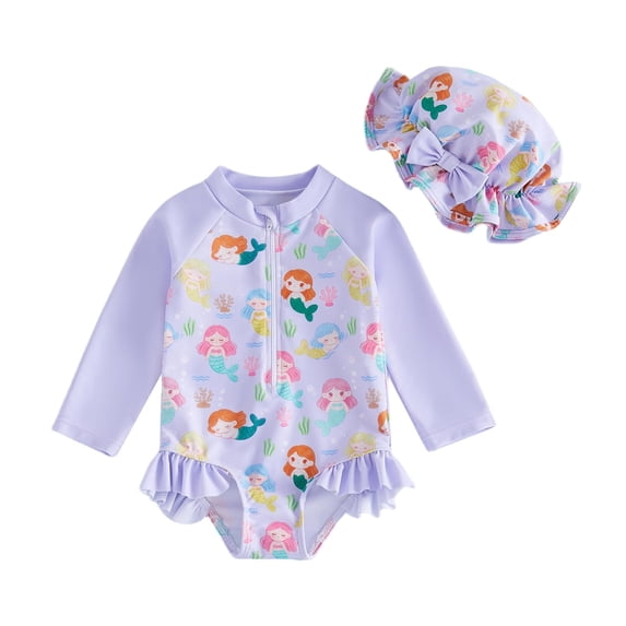WAYUTE Girls Swimsuits 2 Piece Sets Baby Cartoon Print Long Sleeve Rash Guard Swimwear and Sun Hat Summer Vacation