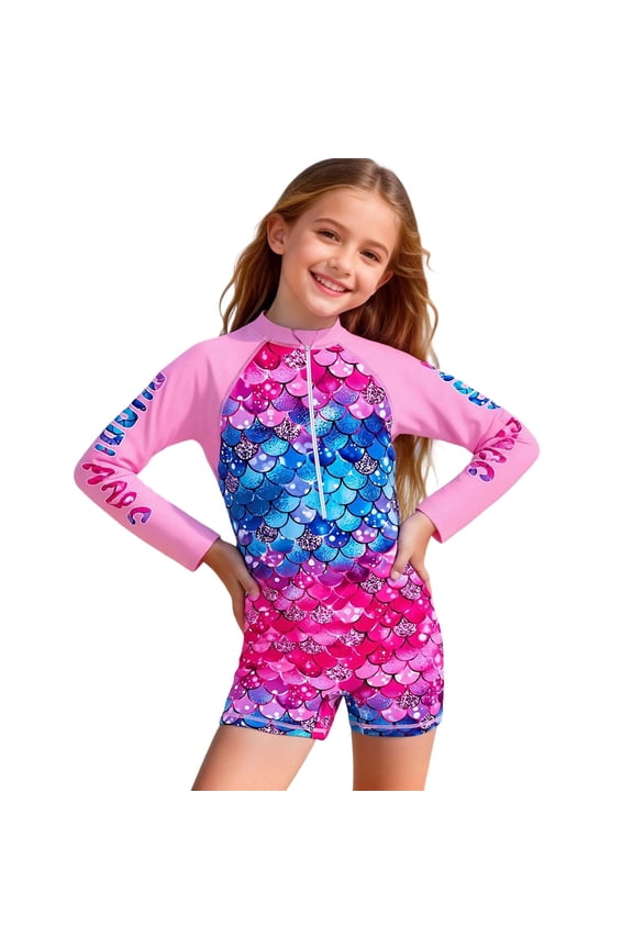Girls Swimsuits Child Long Sleeve Scale Pattern Sun Protective One Piece Bathing Suit Swimming Summer Vacation