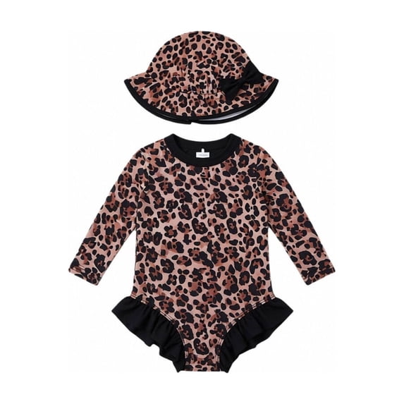 WAYUTE Girls Swimsuits Long Sleeve Ruffle One Piece Rash Guard with Sun Hat for Baby Swimwear Summer Vacation