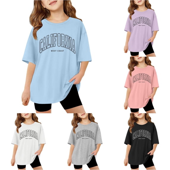 WAYUTE Girls T Shirts Oversized Short Sleeve Crewneck Letter Printed T Shirts Tops for Kids School Loose Soft Basic Tees Casual Outdoor T Shirt,Light Blue