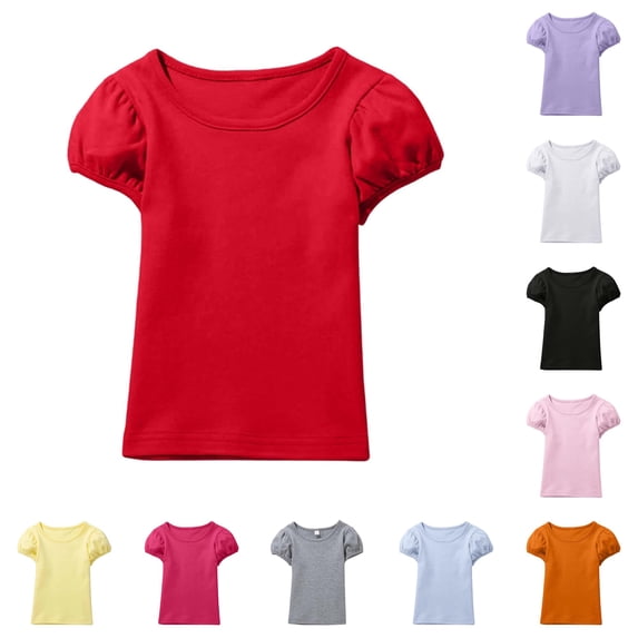 WAYUTE Girls T Shirts Round Neck Puffy Sleeve Soft Solid Color Cute Top Comfortable Tee for Toddler Kids Trendy Daily Wear Casual Outdoor T Shirt,Red