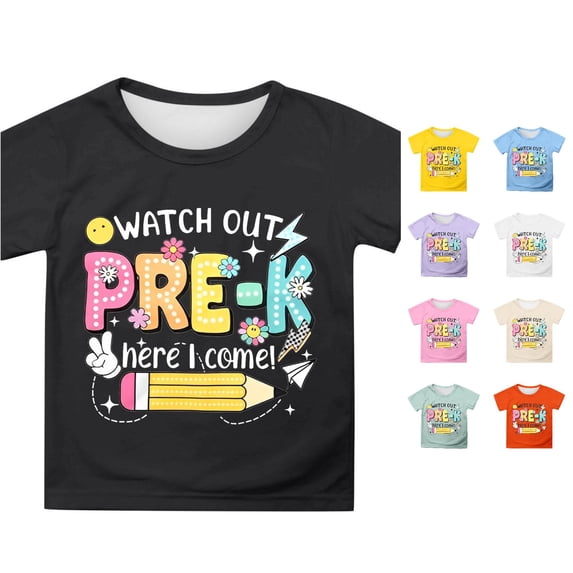 WAYUTE Girls T Shirts Short Sleeve Cartoon Print Round Neck Tees Shirt for Kids Back To School Outfits Summer Fall Daily Wear Casual Outdoor T Shirt,Black