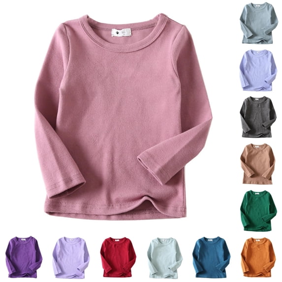 WAYUTE Girls T Shirts Toddler Kids Baby Crew Neck Soft Long Sleeve Solid Color Tee Tops Cotton Blend for Daily Wear Casual Outdoor Tshirts,Hot Pink