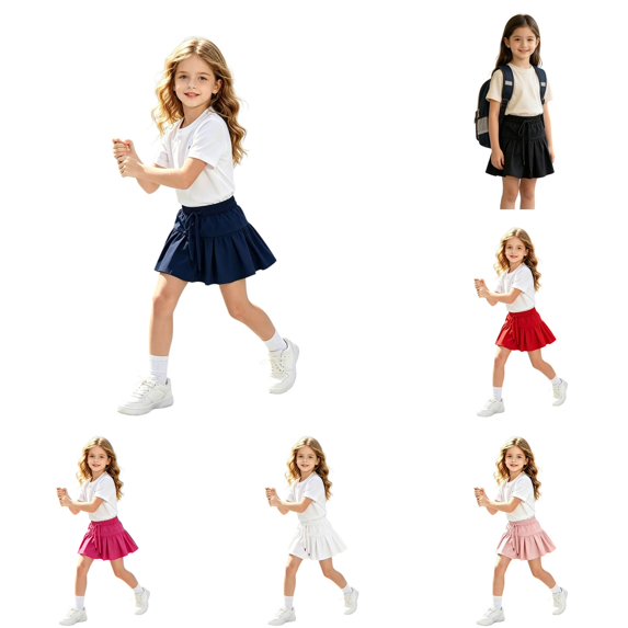 WAYUTE Girls Tennis Skirts Drawstring Elastic Waist with Inner Liner and Pockets Ruffled Hem Scooter Skirt Casual Daily,Navy,7-8 Y