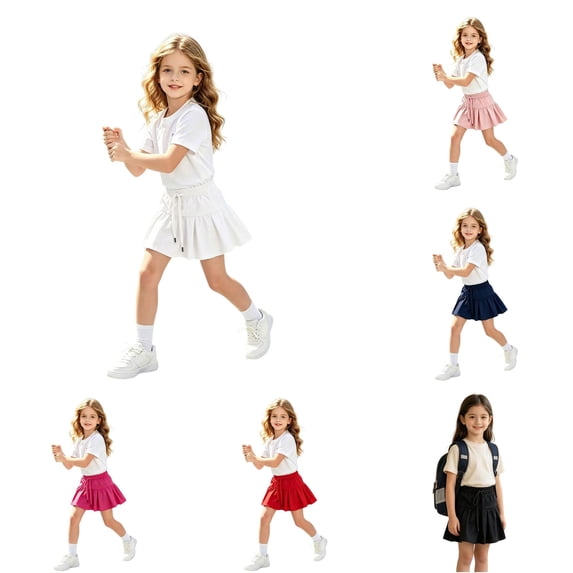 WAYUTE Girls Tennis Skirts Drawstring Elastic Waist with Inner Liner and Pockets Ruffled Hem Scooter Skirt Casual Outdoor,White,9-10 Y