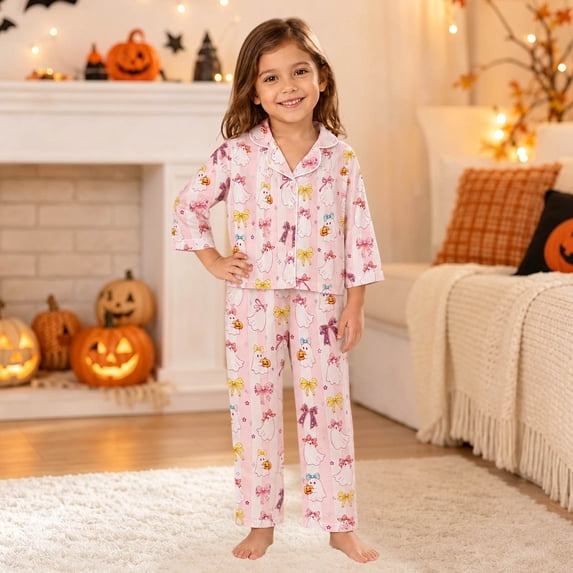 WAYUTE Halloween Girls Pajama Set 2 Piece Long Sleeve Loungewear Cute Ghost Bow Print Soft Cozy Sleepwear Pajamas for Girls Casual Indoor
