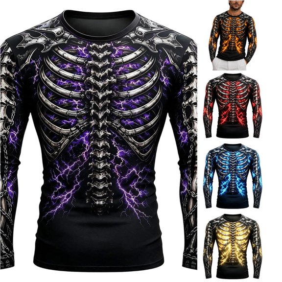 WAYUTE Halloween Mens T-Shirts Skeleton Graphic Tee Long Sleeve Casual Party Daily Streetwear Crew Neck T Shirts for Man,M