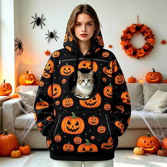 WAYUTE Halloween Oversized Sweatshirts with Pocket Front Carry Pet Pouch for Small Cat Puppy Holder Carrier Hoodie Relaxed Fit Casual Streetwear