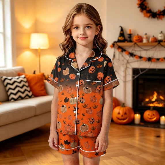 WAYUTE Halloween Pumpkin Printed Pajamas for Girls Short Sleeve Sleepwear Soft Homewear Elastic Waist Shorts Casual Indoor