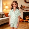 thumbnail image 1 of WAYUTE Halloween Theme Girls Pajamas Ghost Print Short Sleeved Button Down Lapel Shirts and Shorts for Kids Pjs Loungewear Casual Holiday, 1 of 4