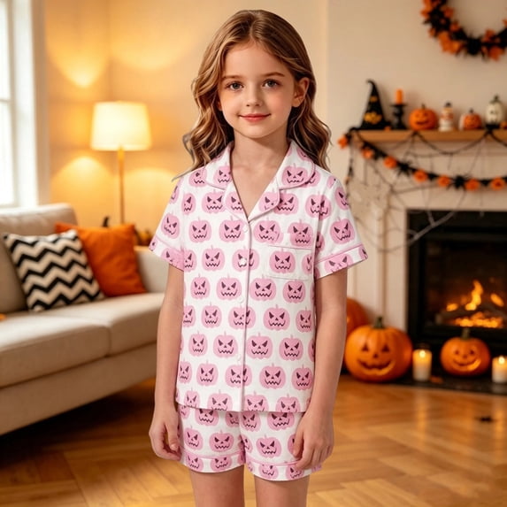 WAYUTE Halloween Theme Girls Pajamas Pumpkin Print Short Sleeved Button Down Lapel Shirts and Shorts for Kids Pjs Loungewear Casual Daily Wear