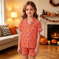 thumbnail image 1 of WAYUTE Halloween Theme Girls Pajamas Pumpkin Print Short Sleeved Button Down Lapel Shirts and Shorts for Kids Pjs Loungewear Casual Daily Wear, 1 of 4