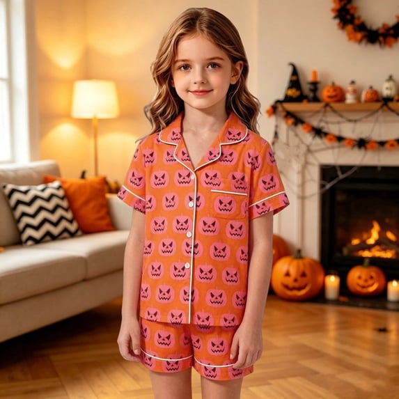 WAYUTE Halloween Theme Girls Pajamas Pumpkin Print Short Sleeved Button Down Lapel Shirts and Shorts for Kids Pjs Loungewear Casual Daily Wear