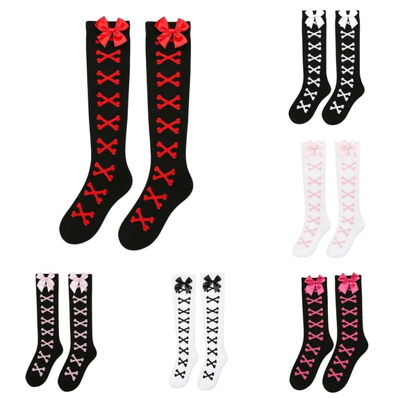 WAYUTE Halloween Womens Over the Knee Socks Bow Lace Up Printed Stretch Soft Knit Stockings Fashion Party Evening Y2k Outfit