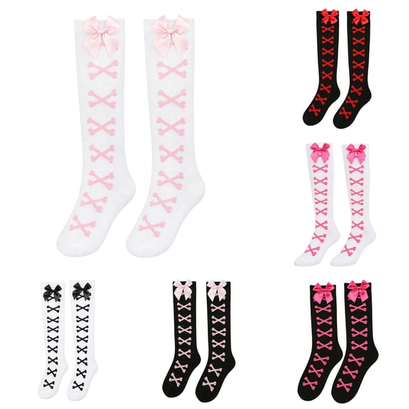 WAYUTE Halloween Womens Over the Knee Socks Bow Lace Up Printed Stretch Soft Knit Stockings Fashion Party Evening Y2k Outfit