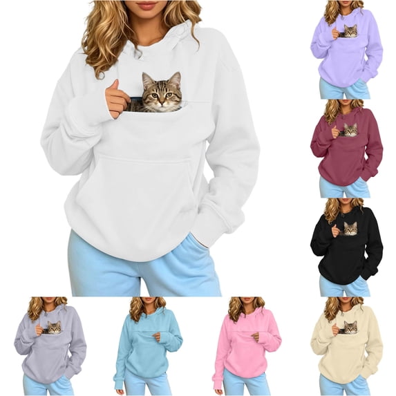 WAYUTE Hoodies for Women Pet Carrier Long Sleeve Hoodie Sweatshirt Zipper Pocket Drawstring Drop Shoulder Oversized Fall Fashion Clothes Tops Casual Daily Wear,White,2XL