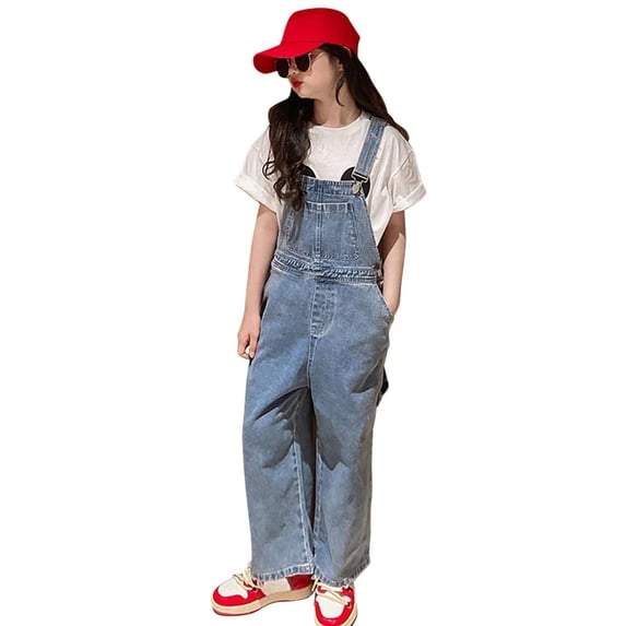 WAYUTE Jeans for Girls Denim Overalls Wide Leg Adjustable Strap Baggy Rompers with Pockets Cute Playsuit Summer Outfits