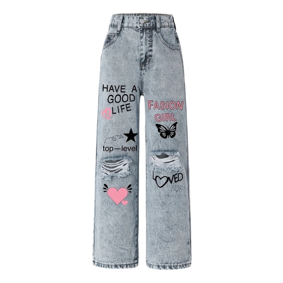 WAYUTE Jeans for Girls Wide Leg Baggy Denim Pants High Elastic Waisted Cute Bow Trousers Kids Streetwear Casual Daily Wear
