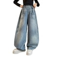 thumbnail image 1 of WAYUTE Jeans for Girls with Letter Embroidered Retro Wide Leg Denim Baggy Pants for Streetwear Casual School Wear, 1 of 5
