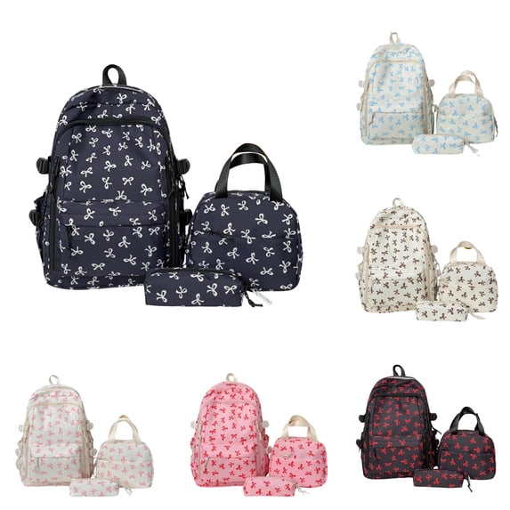 WAYUTE Kids Backpack Fashion Lightweight Bow Print 3 Pcs Backpack Set Pencil Lunch Bag for Back to School Daily Use Bookbag Casual School Activities