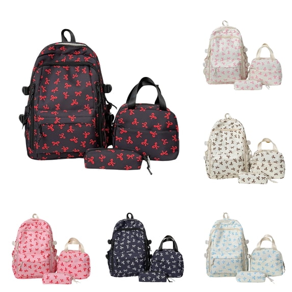 WAYUTE Kids Backpack Fashion Lightweight Bow Print 3 Pcs Backpack Set Pencil Lunch Bag for Back to School Daily Use Bookbag Casual School Activities