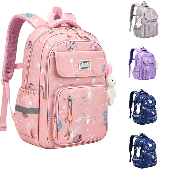 WAYUTE Kids Backpack Galaxy Star Print Back to School Backpack with Cute Bunny Pendant Large Capacity Lightweight Comfort Bookbag Casual School Activities