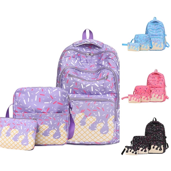 WAYUTE Kids Backpack Ice Cream 3 Pcs Backpack Set for Preschool Daily Use Lightweight Compartment Daypack Stylish Bookbag Casual Outdoor Travel