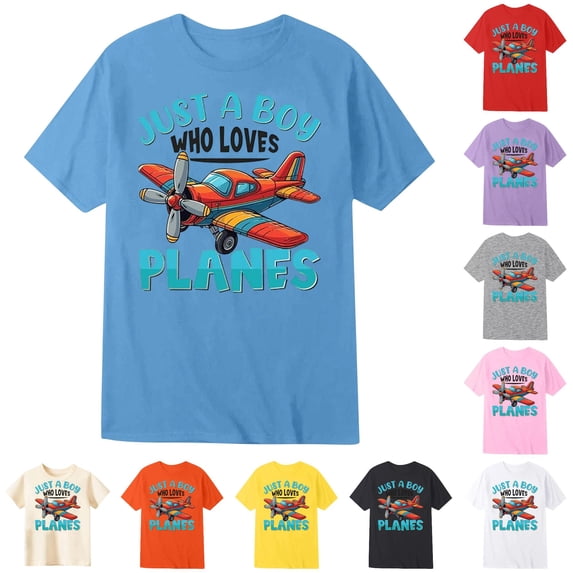 WAYUTE Kids Boys Airplane Short Sleeve Crew Neck T Shirt Vintage Propeller Plane Cartoon Graphic Lightweight Top Casual Outdoor,Blue,Size 1-2 Y