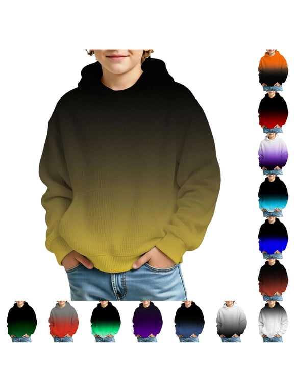 Kids Boys Graphic Hoodies Waffle Knit Gradient Color Long Sleeve Textured Hooded Sweatshirt for Youth Casual Streetwear