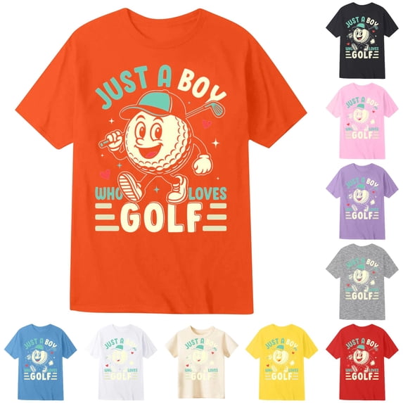 WAYUTE Kids Boys Short Sleeve Crew Neck T Shirt Letter Cartoon Golf Ball Graphic Lightweight Comfort Basic Top Casual Daily Wear,Orange,Size 6-7 Y
