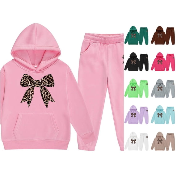 WAYUTE Kids Girls Fall Outfits Leopard Bow Print Long Sleeve Hooded Sweatshirts and Joggers Pants for Fashion Streetwear Clothing Set Casual Outdoor,Light Pink,Size 12-13 Y