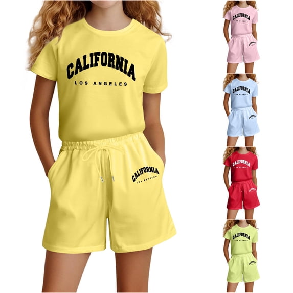 WAYUTE Kids Girls Shorts Set Letter Print Loose Short Sleeve T Shirts and Shorts for Kids Breathable 2 Piece Outfits Clothes Sets Casual Daily Wear,Yellow,Size 7-8 Y