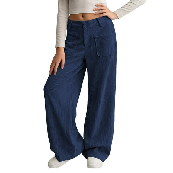 WAYUTE Kids Girls Solid Color Corduroy Wide Leg Pants Button Front Zipper Straight Leg Comfort Pants with Pockets for Teen and Youth