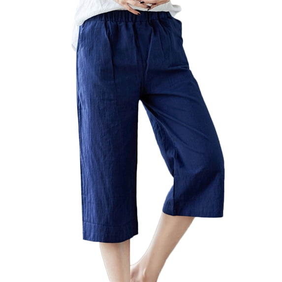 WAYUTE Leggings for Women Tummy Control Elastic Waist Loose Linen Cropped Wide Leg Solid Color Trouser Loose Fit Daily Wear M