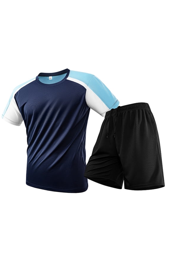 Men Outfit Sets Color Block Loose Fit Short Sleeve Crew Neck Ice Silk and Elastic Waist Knee Length With Adjustable Tie For Summer Everyday Wear Stylish Tracksuit,Dark Blue,Xxxl