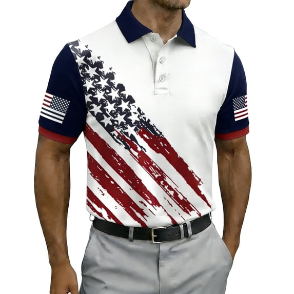 WAYUTE Men Polo Shirts 4th of July Independence Day Patriotic Stars and Stripes Print Short Sleeve Button Front Shirt Casual Outdoor