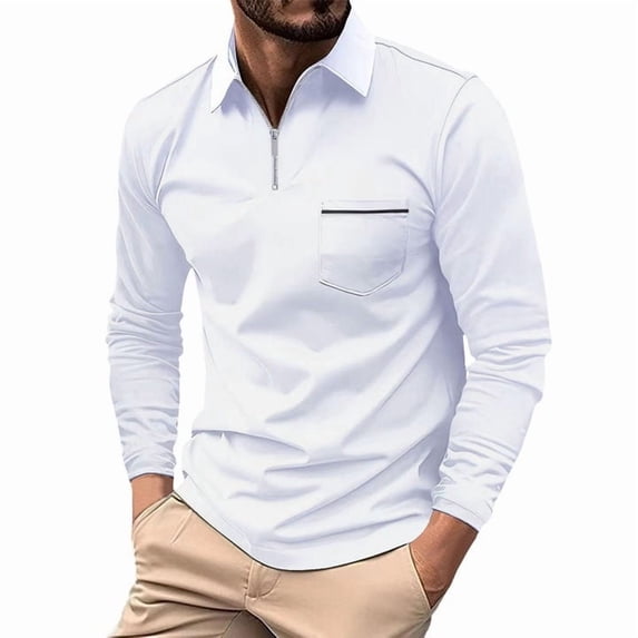 WAYUTE Men Polo Shirts Long Sleeve Zipper Solid Color Lapel T Shirt with Front Pocket Sun Protection Athletic Shirt Tops Casual Summer