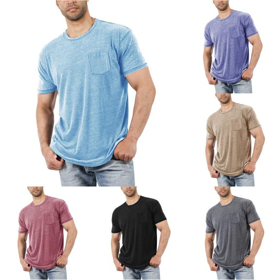 WAYUTE Men Vintage Crew Neck T Shirts Short Sleeve Chest Pocket Solid Color Lightweight Casual Cotton T-Shirts for Man,M