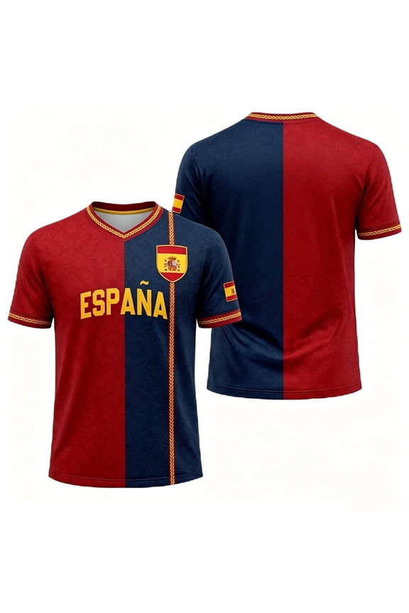 Men's Spain Soccer Tshirts V Neck Short Sleeve Soccer Tshirts for Men National Flag Colors Design Graphic Casual Breathable Workout Tee Top,Red,M