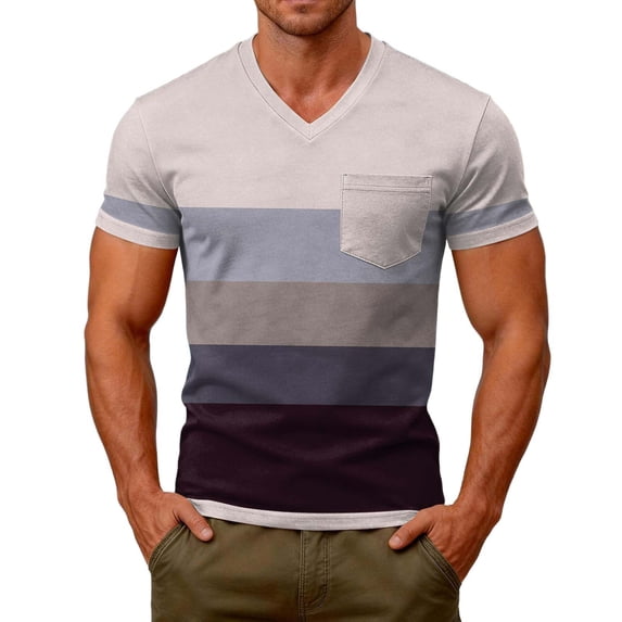 WAYUTE Men's T Shirts Striped Printed V Neck Short Sleeve Patchwork Color Stretch Fit Basic Top with Front Pocket Beachwear Casual Outdoor T-Shirts