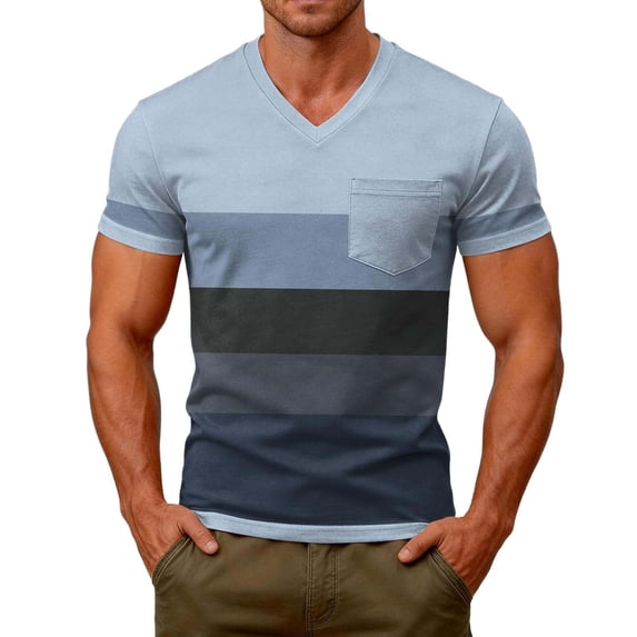 WAYUTE Men's T Shirts Striped Printed V Neck Short Sleeve Patchwork Color Stretch Fit Basic Top with Front Pocket Beachwear Casual Summer T Shirt