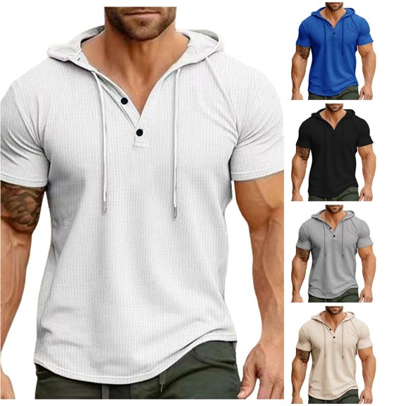 WAYUTE Men's Waffle Hooded Shirts Long Sleeve Workout Sporty Solid Color Drawstring Casual Running Gym T-Shirt Man,2XL