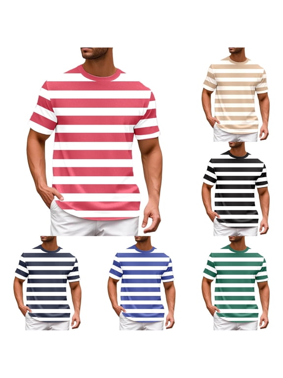 Mens Color Blocked Striped Sailor Short Sleeve Round Neck T Shirts Casual Loose Comfort Trendy Summer Beach Outdoor,2XL