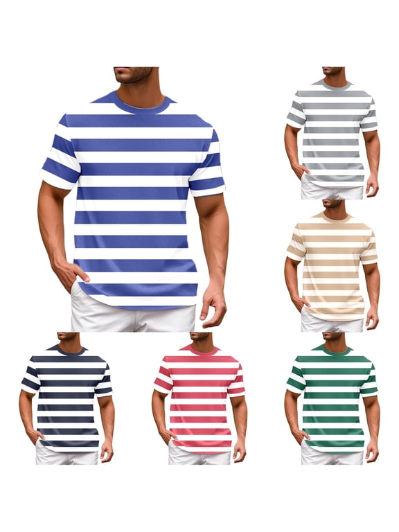 Mens Color Blocked Striped Sailor Short Sleeve Round Neck T Shirts Casual Loose Comfort Trendy Summer Beach Outdoor,4XL
