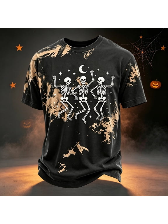 Mens Halloween T-Shirts Short Sleeve Skeleton Moon Print Casual Loose Fit Crew Neck Cotton Blend T Shirts for Man,2XL