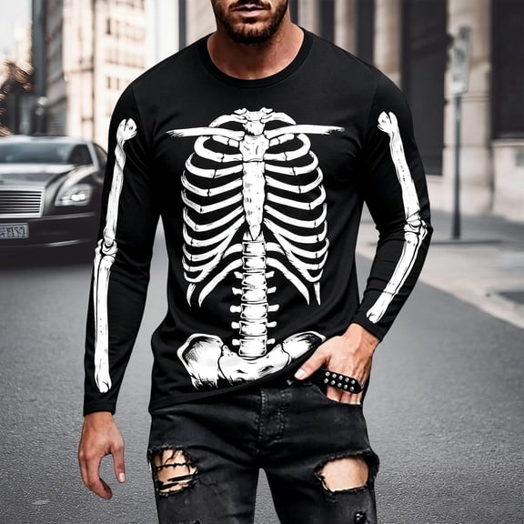 WAYUTE Mens Long Sleeve T Shirts Halloween Skeleton Graphic Tee Crewneck T-Shirts for Man Casual Loose Fit Daily Wear,M