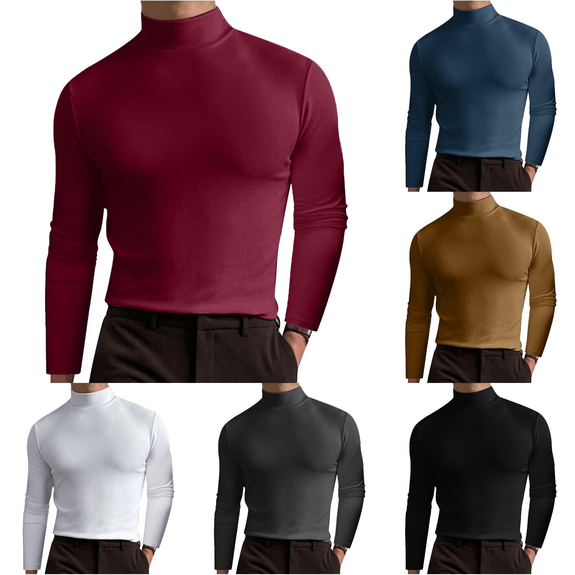 WAYUTE Mens Neck Long Sleeve Fall Shirts Solid Color Slim Fit Stretch ...